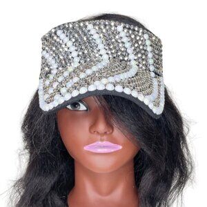 Black Bling Bedazzled Silver Pearl Studs Adjustable Velcro Pre-Curved Visor OS